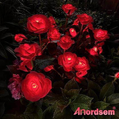 Anordsem Solar Garden Lights Outdoor: 20 Waterproof Fabric Roses 4 Pack - Red LED Flower Decorations for Yard Patio Path Cemetery Grave - Birthday Gifts for Women Mom Wife