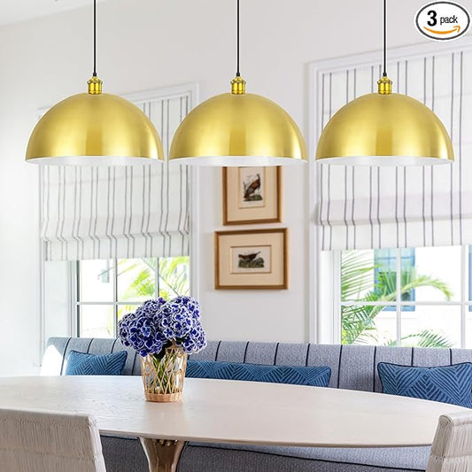 Gold Pendant Light, 16" Farmhouse Ceiling Light with Gold and White, Elegant Semi-Circular Shade Design, Adjustable Height Industrial Dome Pendant Lights for Kitchen Island, Dining Room