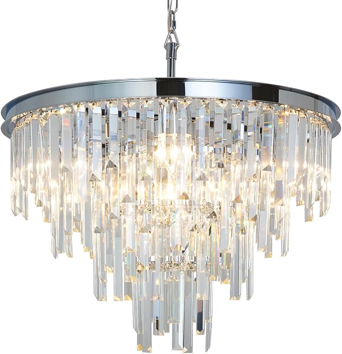 24'' Chrome Top K9 Crystal Chandelier Modern Lighting Fixture, 9 Lights Round K9 Crystal Adjustable Hanging Lamp for Dining Room Bedroom Living Room,Hallway,Bar,Kitchen