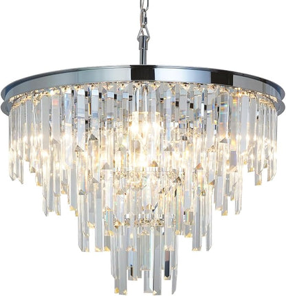 24'' Chrome Top K9 Crystal Chandelier Modern Lighting Fixture, 9 Lights Round K9 Crystal Adjustable Hanging Lamp for Dining Room Bedroom Living Room,Hallway,Bar,Kitchen