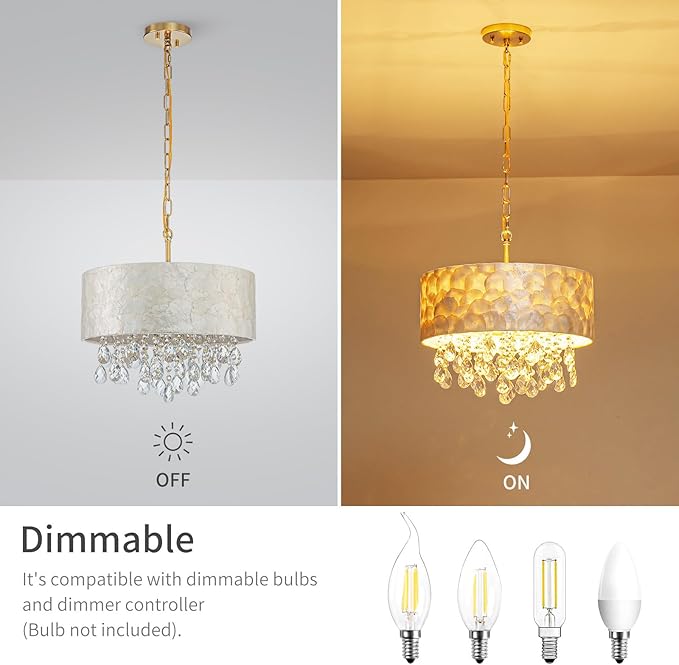 LumFurn D 16inch 4-Light Drum Capiz Shell Crystal Chandeliers, Coastal Style Pendant Light Fixture for Dining Room, Living Room, D16x20~67"(Adjustable Height), Shell Lampshade, Crystal & Gold Finish