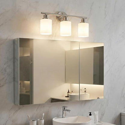 Unicozin 3 Light Bathroom Light Fixtures, Modern Vanity Lights with Milky Glass Shade, Brushed Nickel Wall Lamp Over Mirror for Bathroom, Living Room, Cabinet, Bedroom, E26 Base