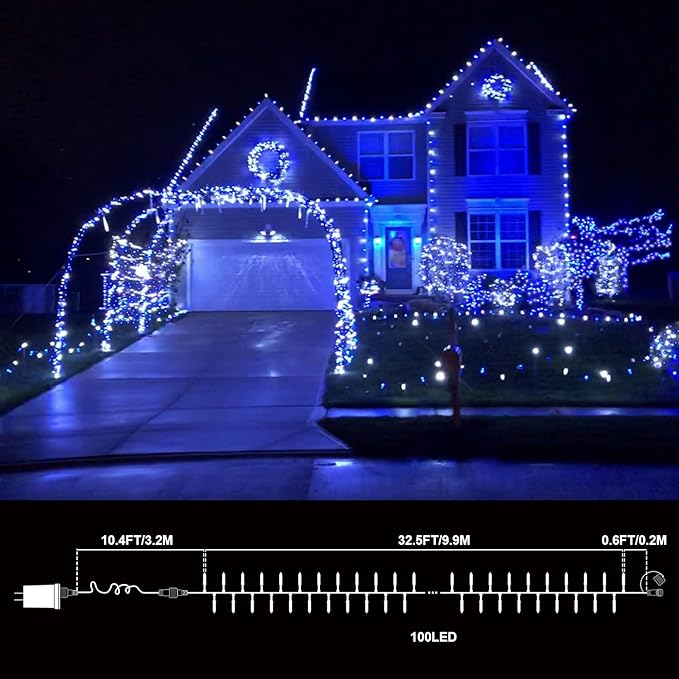32.5FT 100 LED Blue White String light,16 Modes Plug in Blue LED Christmas MiniLights, Ocean party Fairy Lights, Waterproof Outdoor Christmas Lights for Xmas Tree Garland Wreath Bedroom Decor