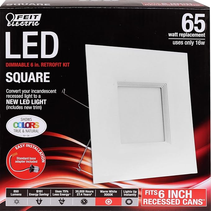 Feit Electric 6 inch LED Recessed Square Flat Panel Downlight, 65W Equivalent, Dimmable, Pre-Mounted Trim, Retrofit Kit, 3000K Warm White, 90+ CRI, 850 Lumens, 30,000-Hour Lifetime, LEDRSQ6/930