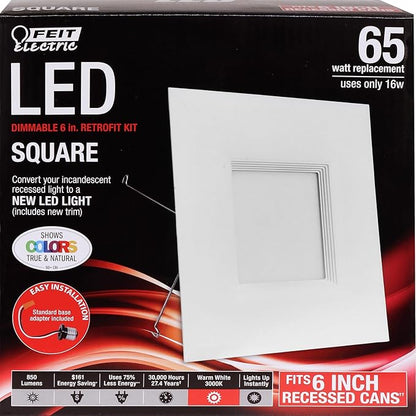 Feit Electric 6 inch LED Recessed Square Flat Panel Downlight, 65W Equivalent, Dimmable, Pre-Mounted Trim, Retrofit Kit, 3000K Warm White, 90+ CRI, 850 Lumens, 30,000-Hour Lifetime, LEDRSQ6/930