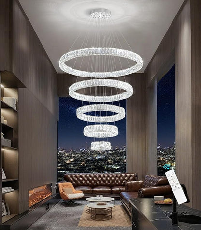 HAIXIANG 5-Rings Modern Chandelier with LED Dimmable Lights Crystal High Ceiling Chandeliers Lighting for Living Room Foyer Entryway Luxury Indoor Light Silver Fixtures