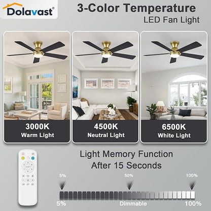 Ceiling Fans with Lights and Remote, 48 Inch Ceiling Fan with Light, Low Profile, Reversible, Dimmable LED, Flush Mount, Quiet, DC Motor, Gold Ceiling Fan for Bedroom, Kitchen, Dining Room