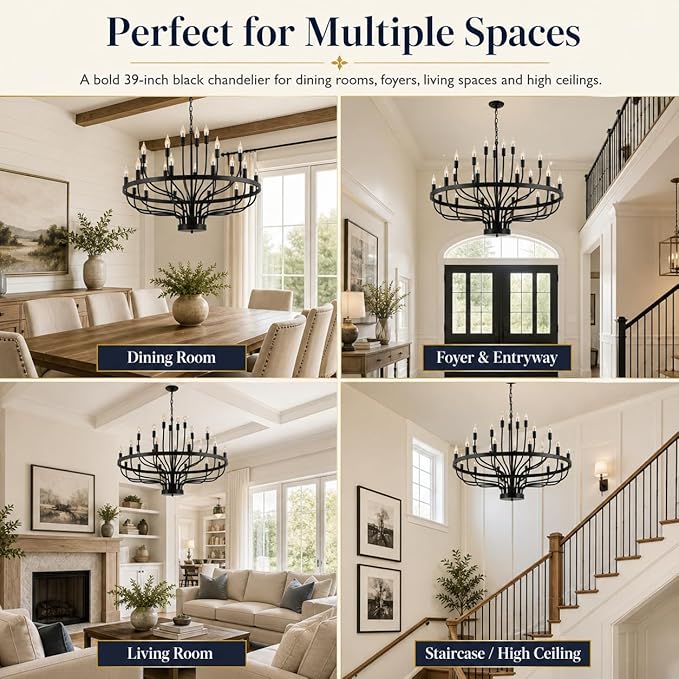 Shandaglo Large Black Chandelier 24-Light, Round 3-Tier Wagon Wheel Fixture, 39 in Farmhouse Candle Pendant with E12 Base for Dining Room, Foyer, Living Room, Hallway, High Ceiling