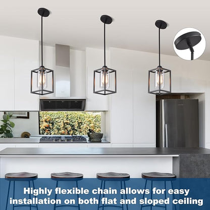 3 Pack Stem Rod Black Pendant Lights for Kitchen Island Industrial Lantern Pendant Light Fixtures with Clear Glass Shade, Farmhouse Adjustable Height Hanging Pendant Lighting