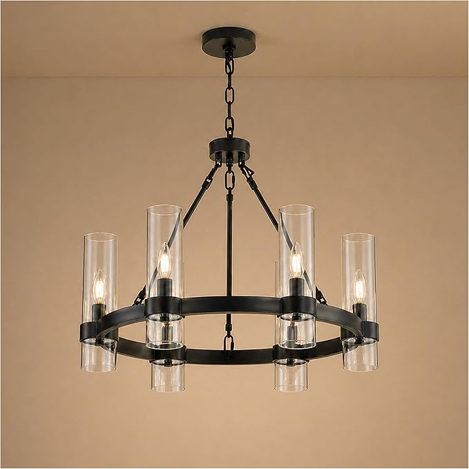 22 Inch Black Wagon Wheel Chandelier with Glass Shade, 6 Lights, Modern Farmhouse Style, Ideal for Dining Room, Kitchen, Entryways
