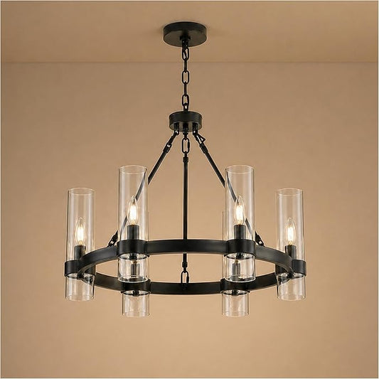 22 Inch Black Wagon Wheel Chandelier with Glass Shade, 6 Lights, Modern Farmhouse Style, Ideal for Dining Room, Kitchen, Entryways