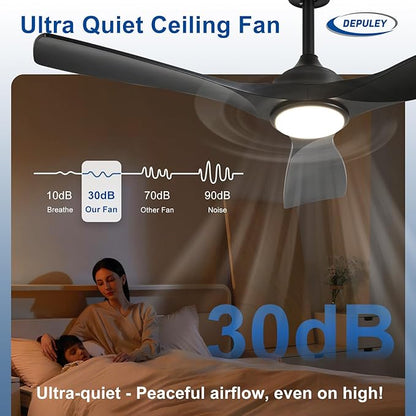 Depuley 52-Inch Ceiling Fan with Light: Black 3 Blade Outdoor Fans for Patios - Dimmable Indoor Fan with Remote Control Living Room Fandelier Ceiling Fans Ultra Quiet DC Motor Reversible 6 Speed Timer