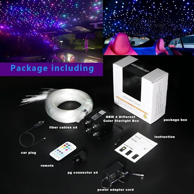 AZIMOM 4Port 36W Twinkle 800pcs 0.03in 9.8ft Fiber Optic Starlight Headliner Kits 4Colors Light Source Sound Activated Remote APP Control Home Indoor Ceiling Car Headliner Decoration