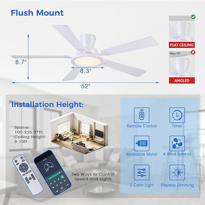 Ayaoty White Ceiling Fan with Light Flush Mount - 52in Low Profile Ceiling Fan with RGB Light and 5 Reversible Fan Blades, LED 3CCT Dimmable, Modern Indoor Fan Light for Bedroom, Party, White