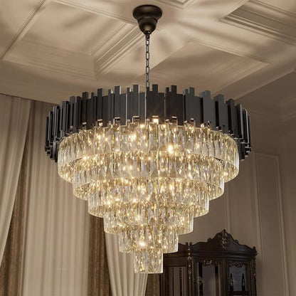 Large Crystal Chandeliers, Modern 32" Black Pendant Light, 6-Tier Round Crystal Ceiling Chandelier for High Ceiling, Foyer, Living Room, Staircase, Dining Room