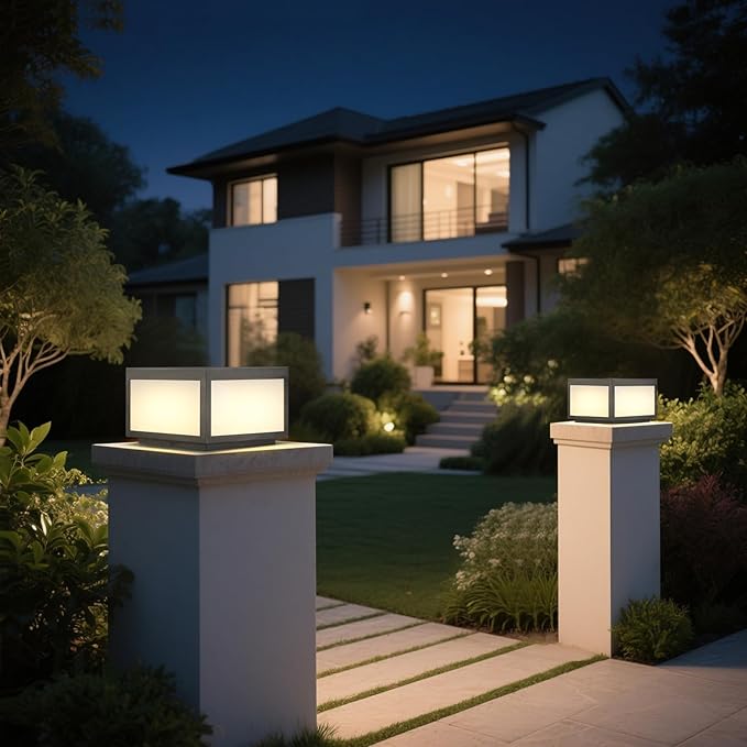Outdoor Modern Post Light, 10" Hard Wired Pillar Lights Square Post Column Caps Lamp for Flat Surface, Electric Modern Fence Deck Cap Lantern Lighting for Patio Garden Driveways IP65 Waterproof