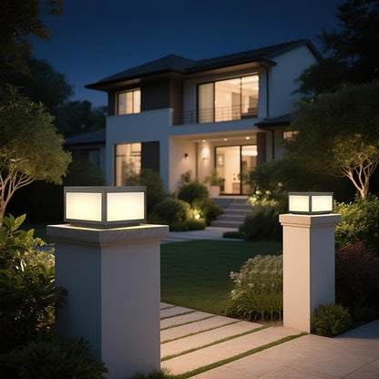 Outdoor Modern Post Light, 10" Hard Wired Pillar Lights Square Post Column Caps Lamp for Flat Surface, Electric Modern Fence Deck Cap Lantern Lighting for Patio Garden Driveways IP65 Waterproof