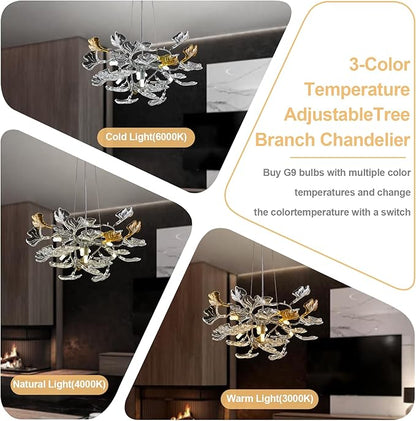 AioTio Black Modern Chandeliers for Dining Room, D21.6'' Round Tree Branch Glass Ginkgo Leaf Farmhouse Chandelier,Silver Art Deco Ceiling Hanging Chandelier for Living Room,Entryway,Foyer,Kitchen