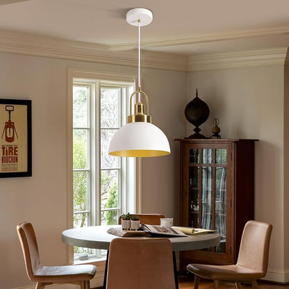 Vintage Pendant Light White and Gold Pendant Light with 9.84 Inch Round Dome, Brass Socket, and 78.74 Inch Cord - Perfect for Kitchen Island, Dining Room, Hallway