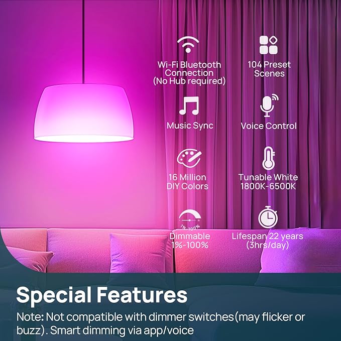 Linkind Smart Light Bulbs, 1600LM (100W Equivalent) A21 Smart Bulb, Compatible with Alexa & Google Home, 14W E26 RGBTW Color Changing Bulb with Music Sync, 2.4GHz Wi-Fi & Bluetooth, 4Pack