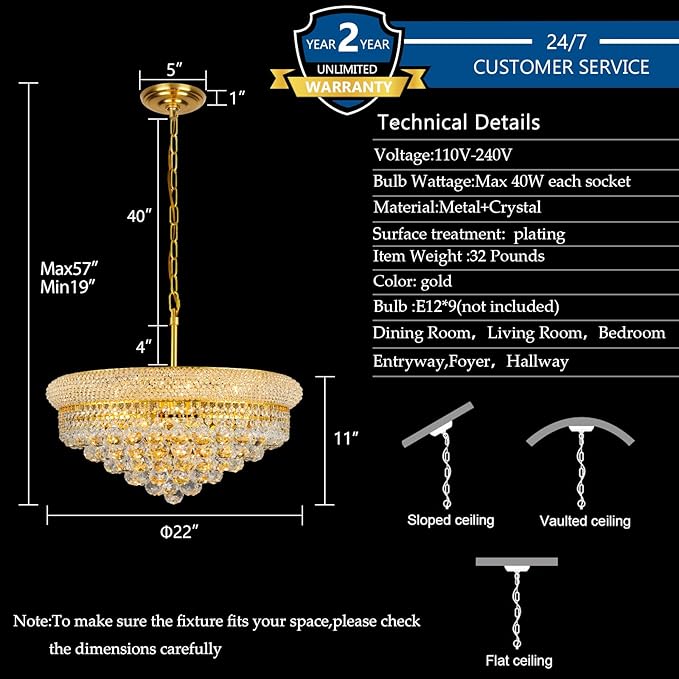 Crystal Chandeliers for Dining Room Light Fixtures Over Table, Empire Style k9 Crystal Chandelier for Bedroom, 9 Lights Gold Luxury Lighting Fixtures for Living Room Kitchen lsland Entryway D22 Inch