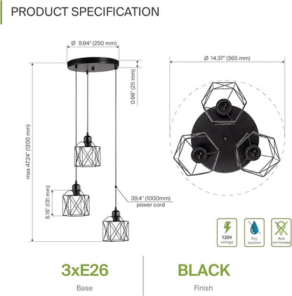 ASD Black Pendant Light Fixture - 3xE26 120V ETL Modern Pendant Lights Kitchen Island, Industrial Hallway, Living Room, Kitchen Island Lighting, Hanging Dining Room Light Fixtures Over Table