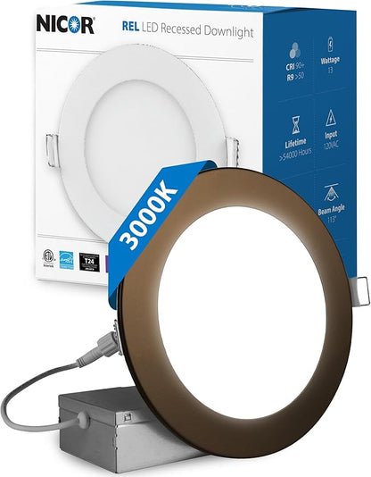 LED Downlight - Ultra-Thin 6 inch LED Recessed Light with Junction Box - 3000K, 902 Lumens, 11.8W, 120V, Dimmable LED Lights - REL6 Edge-Lit LED Ceiling Light, Bronze by NICOR Lighting