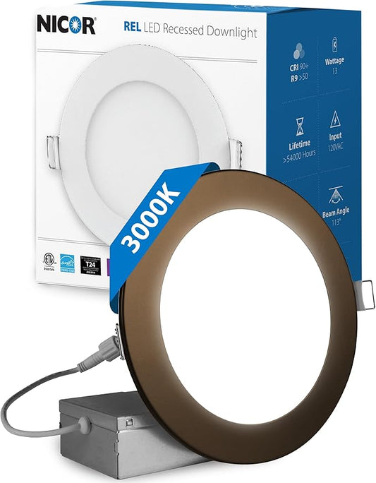 LED Downlight - Ultra-Thin 6 inch LED Recessed Light with Junction Box - 3000K, 902 Lumens, 11.8W, 120V, Dimmable LED Lights - REL6 Edge-Lit LED Ceiling Light, Bronze by NICOR Lighting