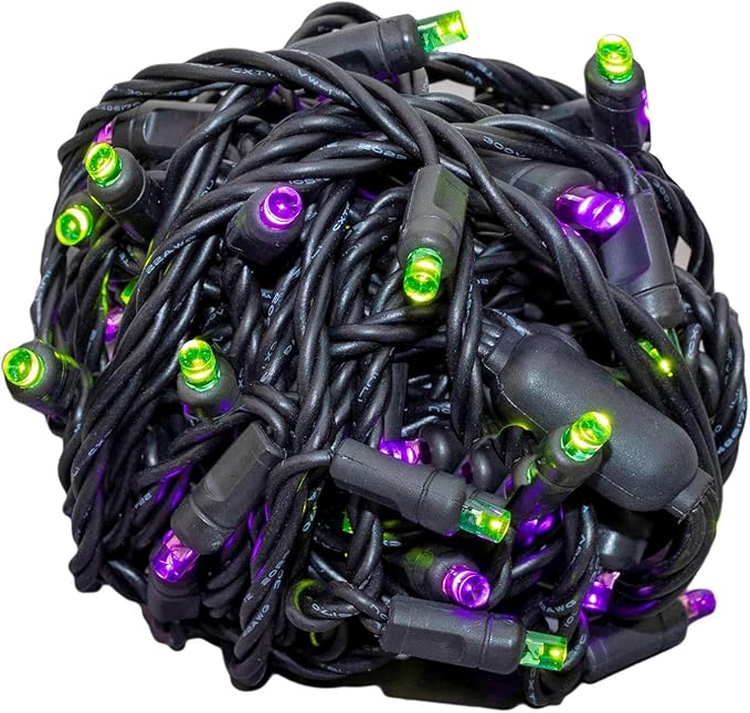 Novelty Lights 25ft Christmas String Lights, 50 Purple/Lime LED Bulbs on Black Wire, 6" Spacing, Connectable Indoor Outdoor Commercial Grade Lighting for Holidays Patio Weddings