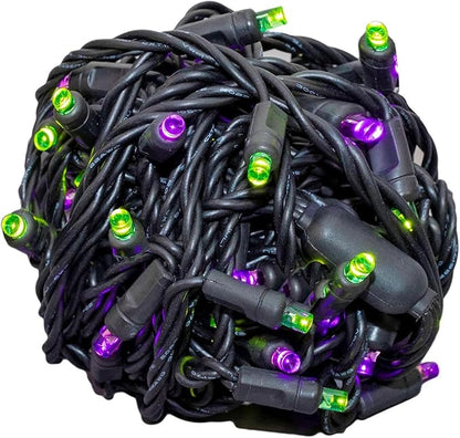 Novelty Lights 25ft Christmas String Lights, 50 Purple/Lime LED Bulbs on Black Wire, 6" Spacing, Connectable Indoor Outdoor Commercial Grade Lighting for Holidays Patio Weddings