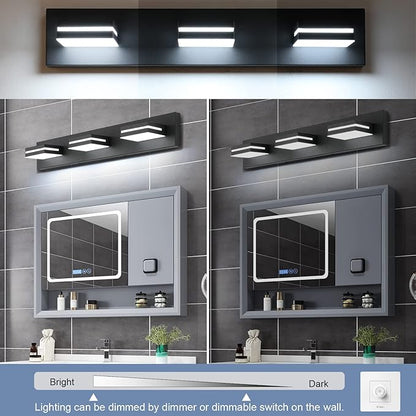 SineRise LED Modern Bathroom Vanity Light Fixtures, Dimmable Matte Black Modern Acrylic Bathroom Wall Lighting Fixtures Over Mirror (Cool White 6000K)