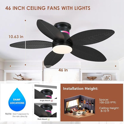 Tropical Palm Leaf RGB Ceiling Fans with Lights 46”, Black Flush Mount Ceiling Fan with Light and Remote, 3CCT Dimmable LED&&Side RGB Light, Reversible 6 Speeds, Quite Low Profile Ceiling Fan Party