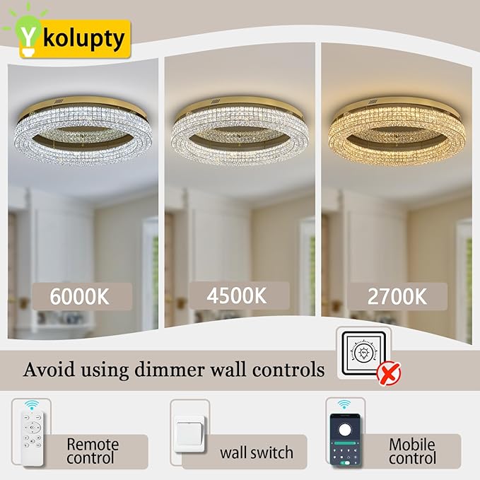 ykolupty 40'' Crystal Chandelier for Living Room Large Chandeliers for Living Room Crystal Flat Mounted Ceiling Lights Dining Room Bedroom Dimmable 2700-6000K (Gold Chandelier)