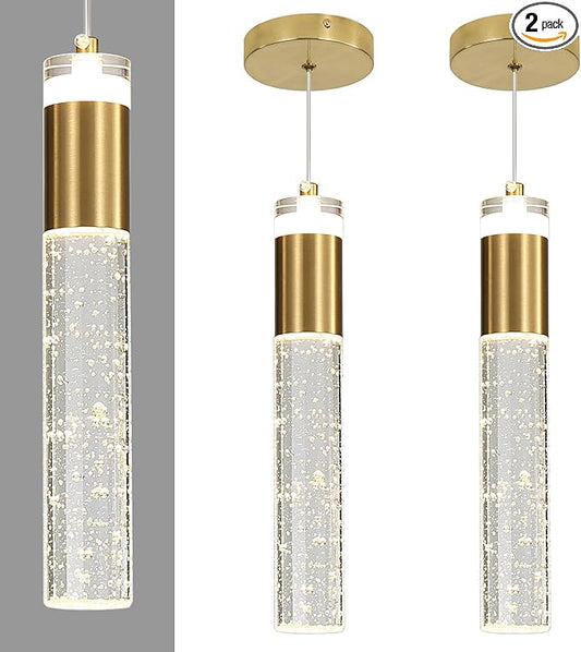 2 Pack Modern Kitchen Island Pendant Lights, Gold Bubble Crystal Ceiling Hanging Light, 3 Color 2700K/4500K/6500K, Mini Linear LED Chandelier Lighting for Dining Room, Bedroom, Bar, Hallway, Bedside