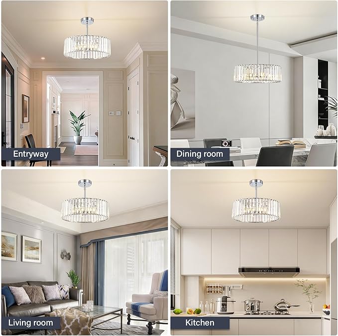 YURNYQ Chrome Crystal Chandelier for Dining Room, 4-Light Modern Semi Flush Mount Chandelier Lighting Fixtures, Round Kitchen Hanging Drum Pendant Lights Ceiling for Bedroom Entryway Foyer, 15 Inch