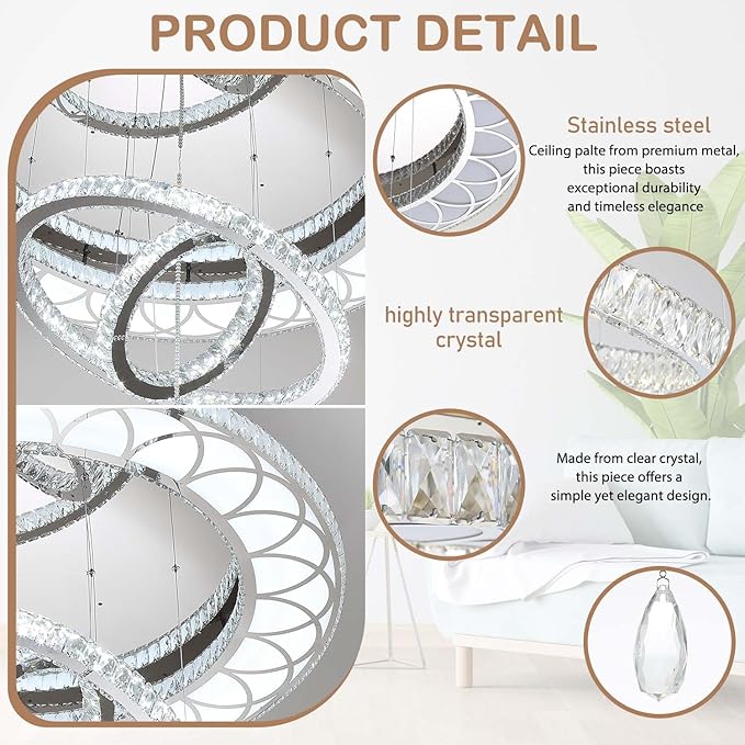 Flashing God Extra Large Chandelier Dia 55" Chrome Chandeliers Flush Mount Chandelier for Living Room Bedroom Dining Room Hallway Dimmable 3 Rings Ceiling Chandeliers