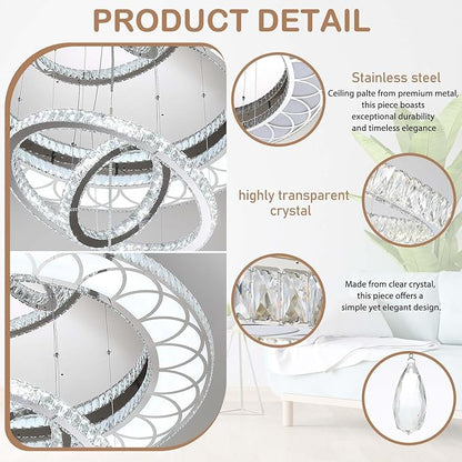 Flashing God Extra Large Chandelier Dia 55" Chrome Chandeliers Flush Mount Chandelier for Living Room Bedroom Dining Room Hallway Dimmable 3 Rings Ceiling Chandeliers