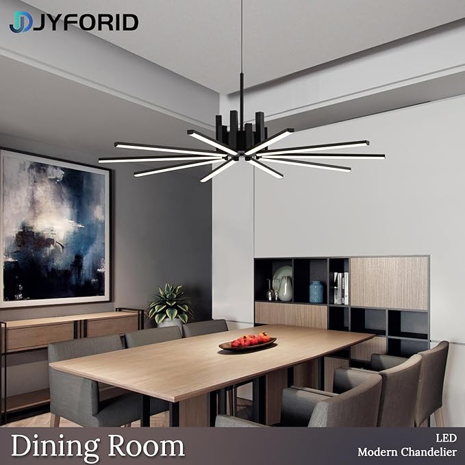 Black Modern Sputnik Chandelier with Remote Control, 56W 3-Color Temperature Dimmable LED Chandelier for Dining Room, Hanging Adjustable Pendant Light for Living Room Kitchen Foyer Entryway