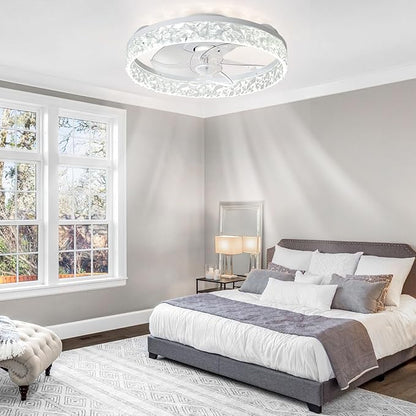 Depuley Ceiling Fans with Lights and Remote: 16" Modern Low Profile Flush Mount Ceiling Fan with App Remote Control - White Fandelier for Bedroom Living Room Kitchen Dimmable Quiet DC Motor