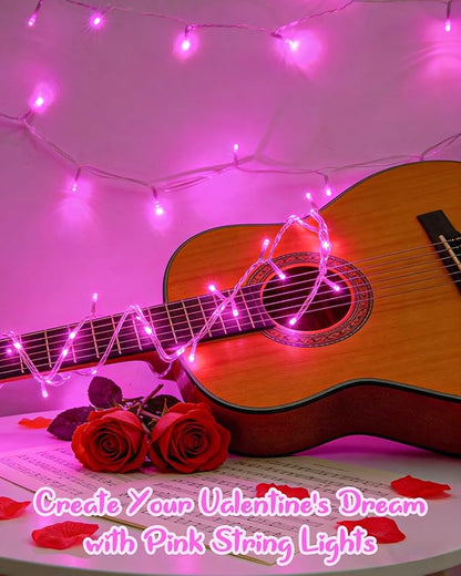 Pink String Lights Battery Operated, Valentine’s Day Lights with Timer Waterproof 16.4ft 50 LED Valentines Decorations for Outdoor Indoor Patio Party Garden Yard Decor 2 Packs