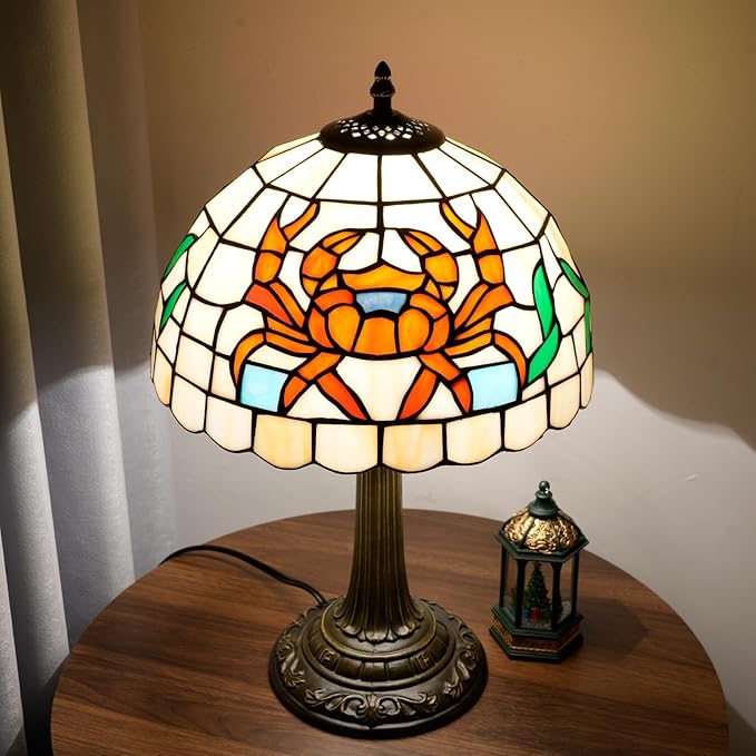 Tiffany Style Table Lamp with Orange Crab Stained Glass Lamp 12 Inch Retro Bronze Base Bedside Lamp Bedroom，Living Room, Bar,Cafe,Restaurant Hotel Art Nouveau Style Decorative Ambient Light
