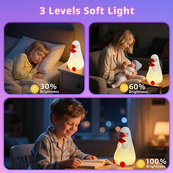 AVEKI Goose Reading Light, Soft Squishy Silicone Duck Night Light for Kids Baby Toddler, Rechargeable LED Touch Lamp for Nursery Kids Room Bedroom Decor, Cute & Funny Gifts for Boys and Girls
