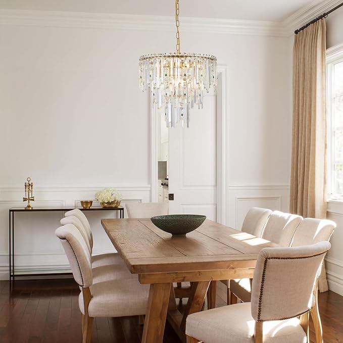 A AXILIXI Modern Chandelier for Dining Room Crystal Gold 20” Chandelier 3 Ties Ceiling Pendant Light Fixtures Round Chandelier with Adjustable Chain for Bedroom Entryway Staircase