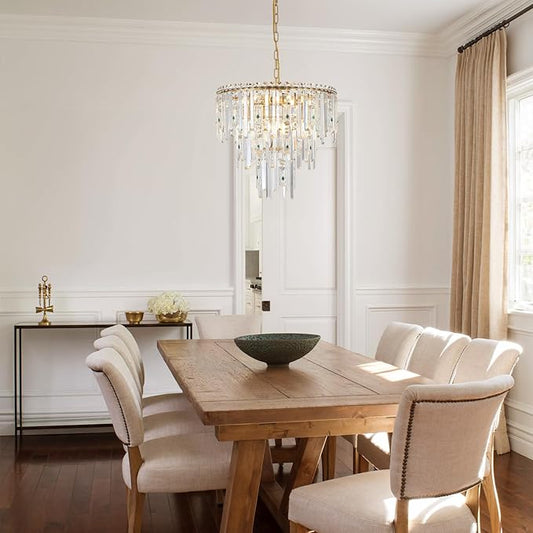A AXILIXI Modern Chandelier for Dining Room Crystal Gold 20” Chandelier 3 Ties Ceiling Pendant Light Fixtures Round Chandelier with Adjustable Chain for Bedroom Entryway Staircase