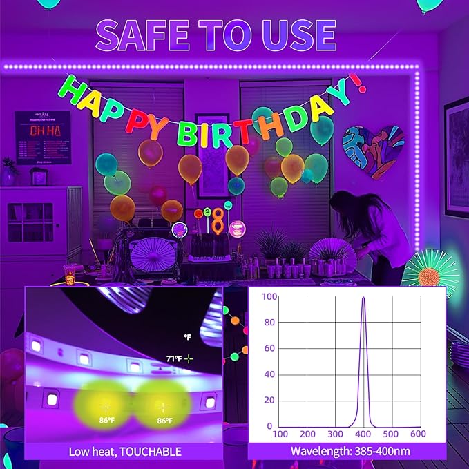 33 Foot Black Light Strip & Remote, 600 LEDs, Dimmable 12V Flexible Black Lights for Glow Party, Bedroom, Hallween, Fluorescent Tapestry Poster, 3 Light Modes, Non-Waterproof
