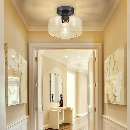 Industrial Semi Flush Mount Ceiling Light: Black Kitchen Lighting Fixtures Ceiling with Clear Glass - Vintage Hallway Light Fixtures E26 Bulb Included - 8.46” Light Fixtures Mount for Foyer