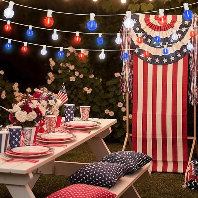 LAMPHOME 4-Pack 26Ft Outdoor Red White Blue String Lights, Patriotic Patio Light with 12+1 Edison Bulbs, LED Shatterproof String Lights for Outside Bistro Christmas Patio Party Decorations