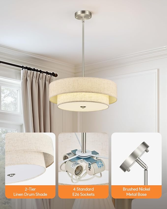 VONLUCE Modern Chandeliers, 18" Drum Chandeliers with 2-Layer Fabric Shade, 4-Light Pendant Light Fixture with E26 Base, Light Fixture for Dining Room Bedroom Living Room, Linen Shade & Nickel Finish