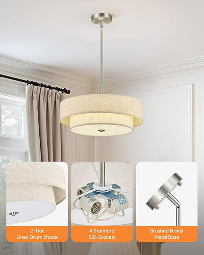 VONLUCE Modern Chandeliers, 18" Drum Chandeliers with 2-Layer Fabric Shade, 4-Light Pendant Light Fixture with E26 Base, Light Fixture for Dining Room Bedroom Living Room, Linen Shade & Nickel Finish