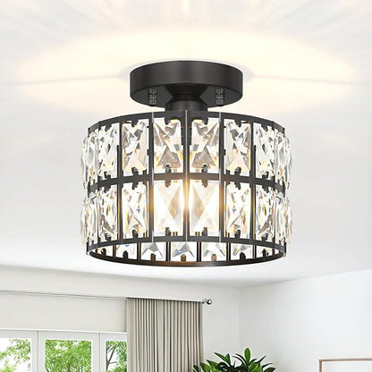 Lxybcce Crystal Ceiling Light Fixture, Modern Matte Black Crystal Chandelier, Small Semi Flush Mount Ceiling Lighting, Round Hallway Lighting for Kitchen Entryway Bedroom Bathroom, 1-Light, 9 Inch